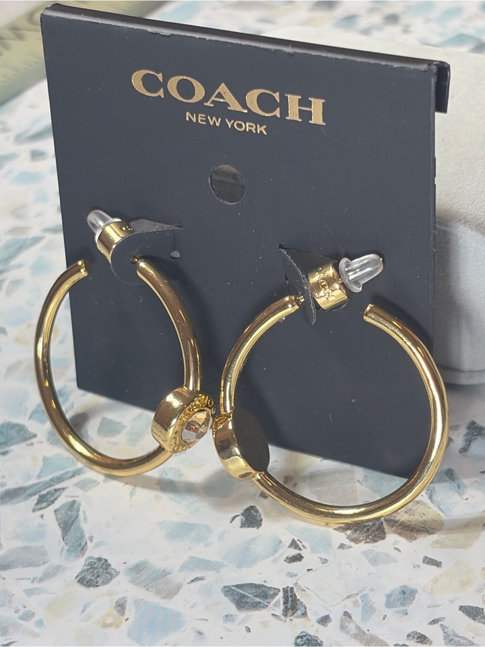 Coach Gold Tone Crystal Logo Hoop Earrings #55